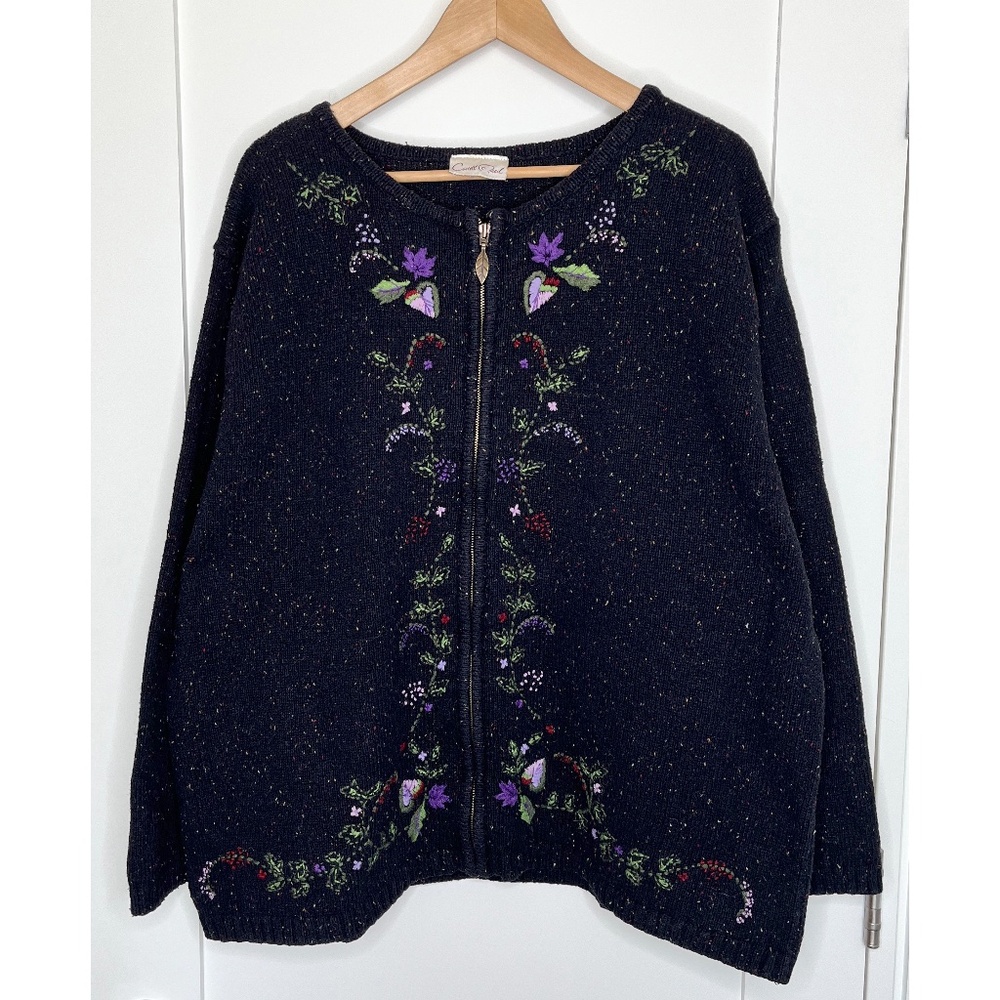 Vintage Floral Embroidered Zipper Cardigan by Carroll Reed 1X